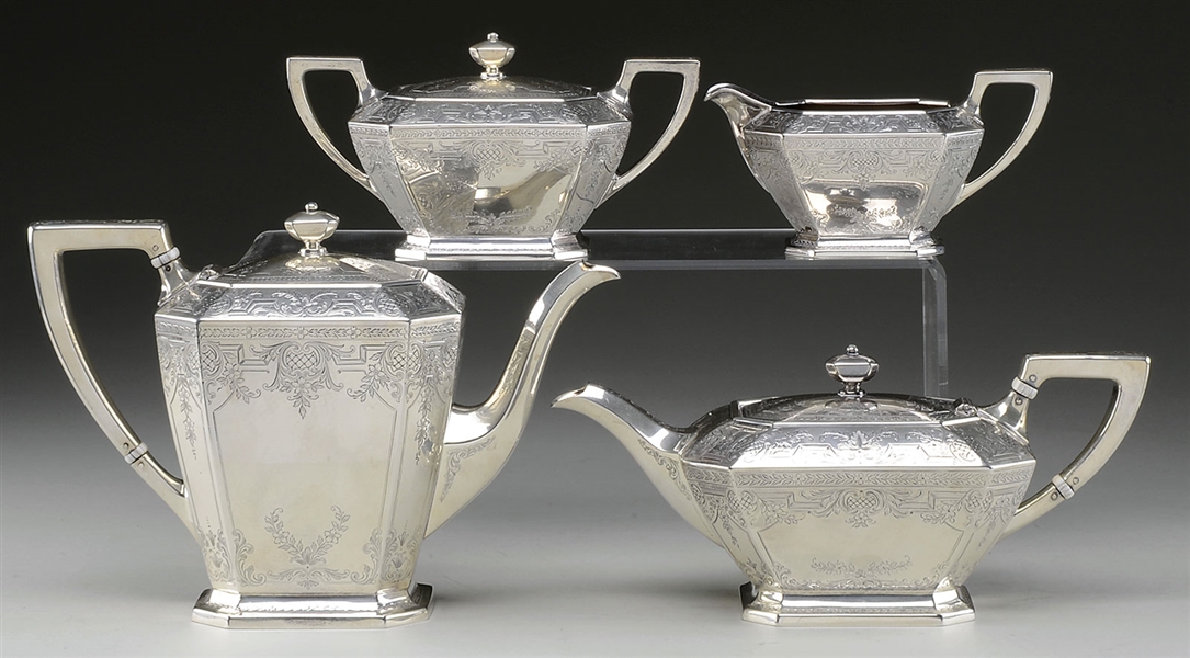 FINE EARLY 1900S FOUR PIECE MARKED STERLING SILVER ENGRAVED TEA AND COFFEE SERVICE BY DURGIN.                                                                                                          