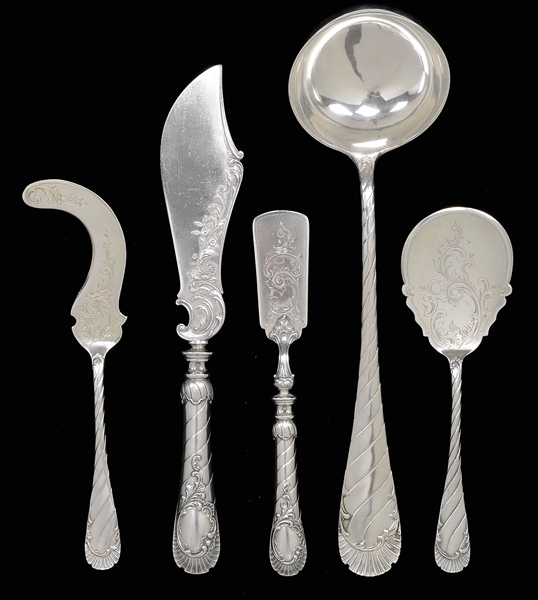 OUTSTANDING SET OF FIVE HUNGARIAN SILVER SERVING PIECES.                                                                                                                                                