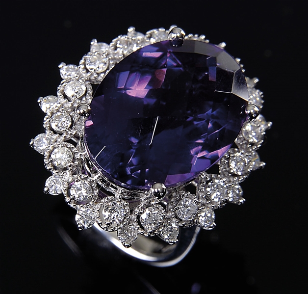 14KT WHITE GOLD AMETHYST AND DIAMOND LADYS RING.                                                                                                                                                      