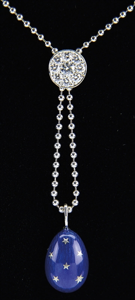 FINE 18KT WHITE GOLD DIAMOND AND ENAMEL FABERGE NECKLACE.                                                                                                                                               