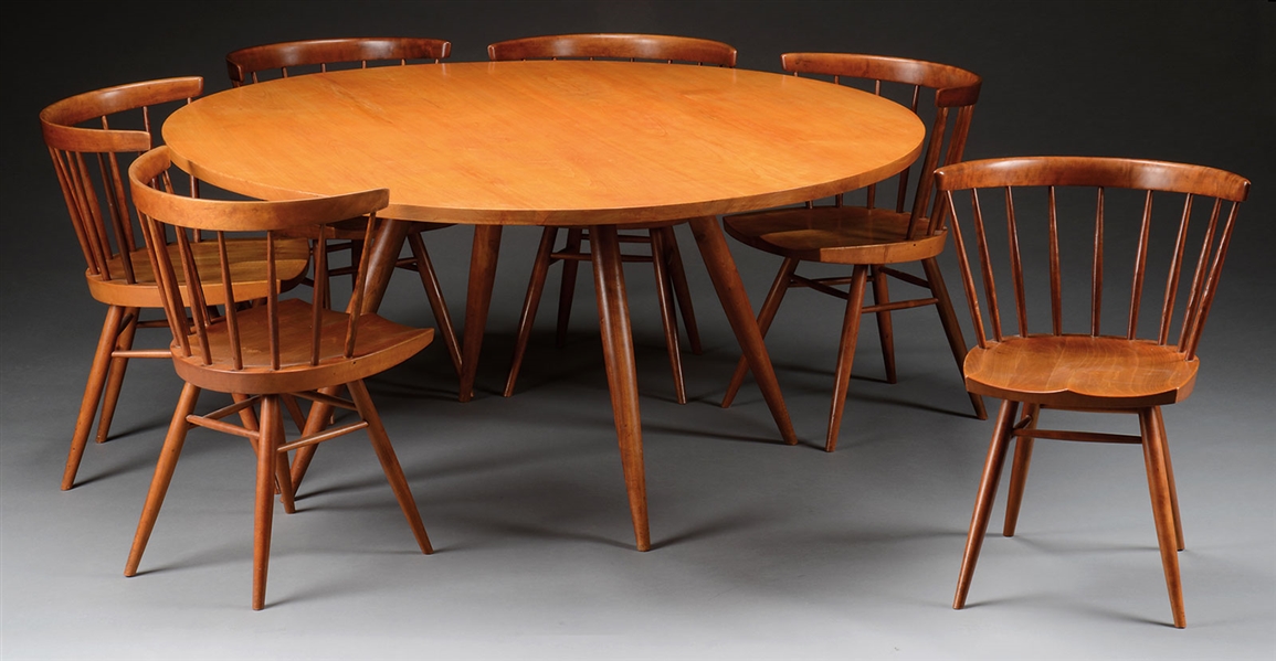 GEORGE NAKASHIMA CHERRY ROUND DINING TABLE WITH SIX CHAIRS.                                                                                                                                             