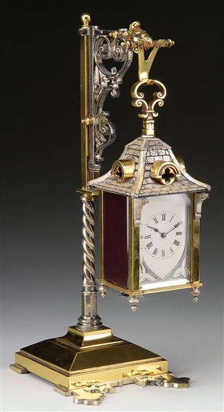 RARE FRENCH BRASS AND SILVER PLATED HANGING LANTERN CARRIAGE CLOCK.                                                                                                                                     