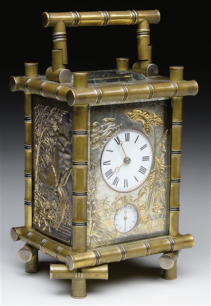 OUTSTANDING BRASS AND GLASS JAPANESE STYLE FRENCH REPEATING CARRIAGE CLOCK.                                                                                                                             