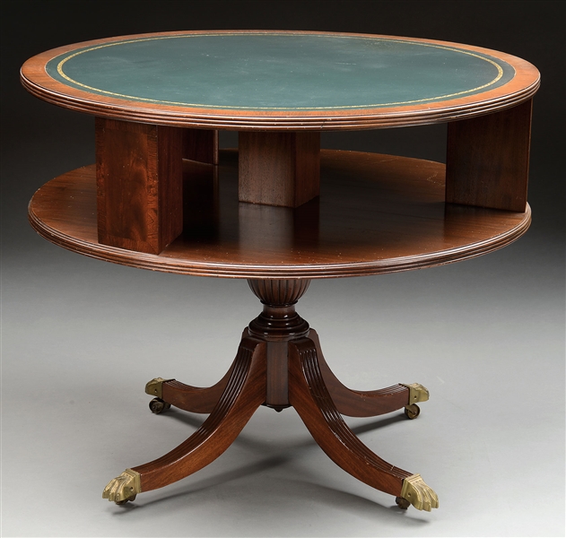 MAHOGANY ROUND DOUBLE TIERED REVOLVING PEDESTAL LIBRARY TABLE.                                                                                                                                          