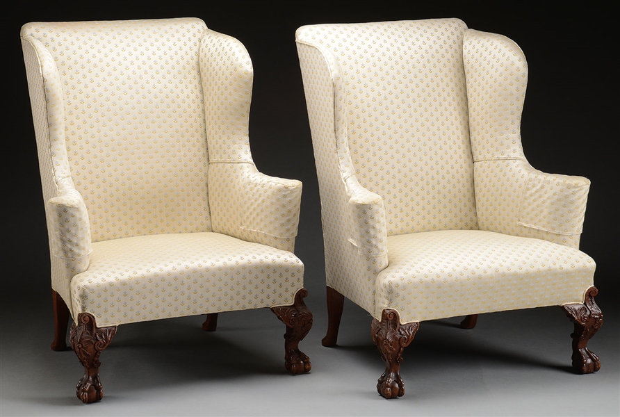 TWO IRISH CHIPPENDALE STYLE WING CHAIRS.                                                                                                                                                                