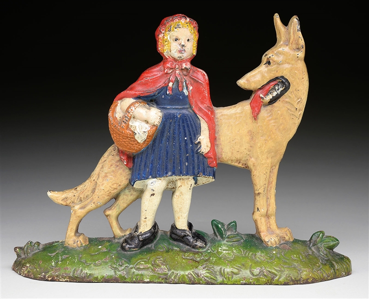WIDE RED RIDING HOOD WITH WOLF DOORSTOP                                                                                                                                                                 