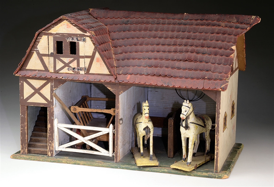 FOLK ART CARVED AND PAINTED BARN WITH HORSES AND HAY WAGON.                                                                                                                                             