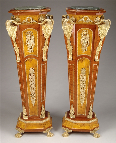 OUTSTANDING PAIR OF LARGE FRENCH STYLE ORMOLU MOUNTED MARBLE TOP PEDESTALS.                                                                                                                             