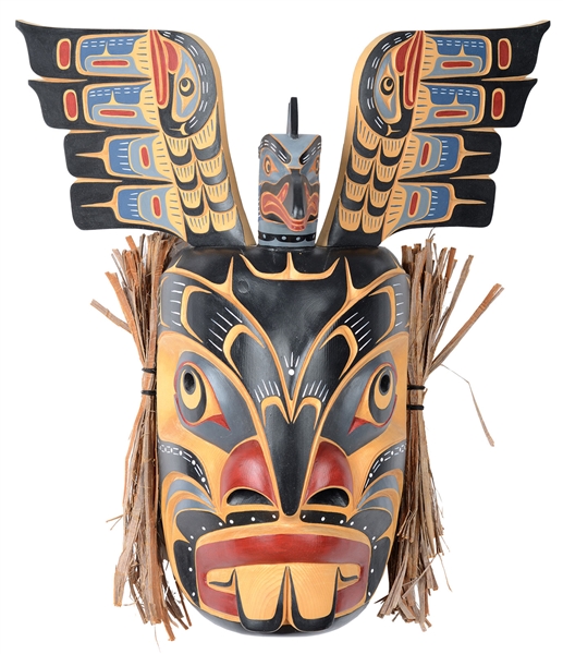 NORTHWEST COAST "PUGUIS AND KINGFISHER" CARVED AND DECORATED MASK BY BILL HENDERSON                                                                                                                     