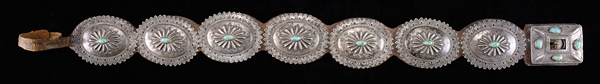 LARGE NAVAHO COIN SILVER SECOND PHASE CONCHO BELT.                                                                                                                                                      