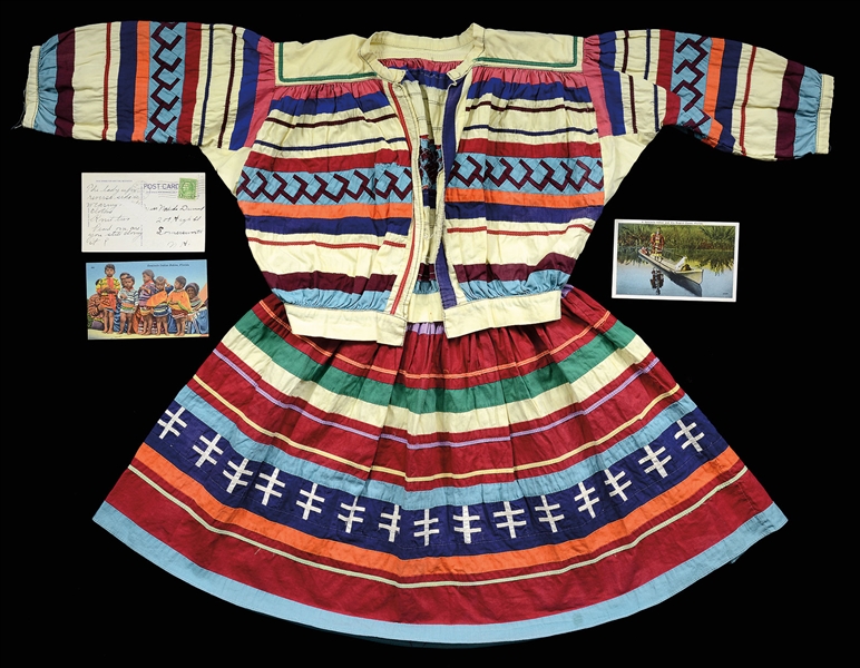 CHILDS SEMINOLE PATCHWORK JACKET AND SKIRT ALONG WITH THREE POSTCARDS.                                                                                                                                 