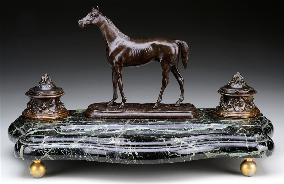 PATINATED BRONZE AND MARBLE INKWELL STAND.                                                                                                                                                              