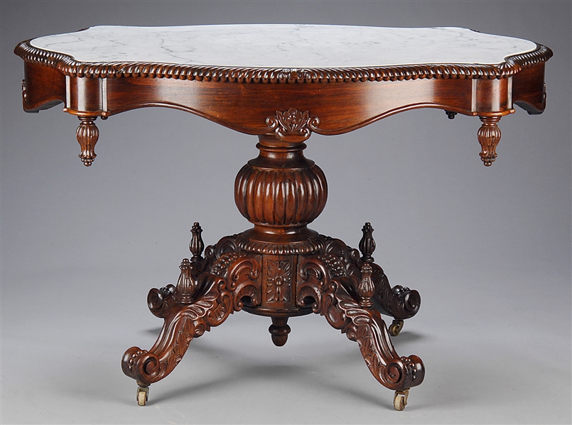 IMPORTANT ROCOCO BELTER TYPE CARVED ROSEWOOD TURTLE TOP CENTER TABLE.                                                                                                                                   