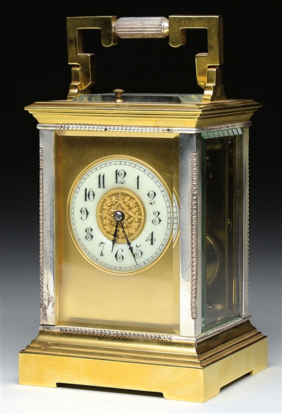 FANCY FRENCH BRASS AND GLASS BREVETE REPEATING CARRIAGE CLOCK.                                                                                                                                          
