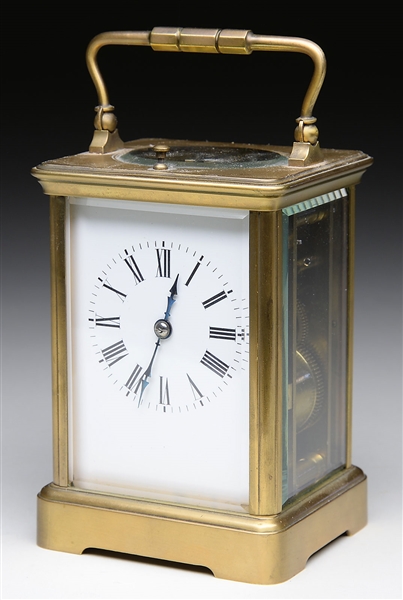 BRASS AND GLASS FRENCH REPEATING CARRIAGE CLOCK.                                                                                                                                                        