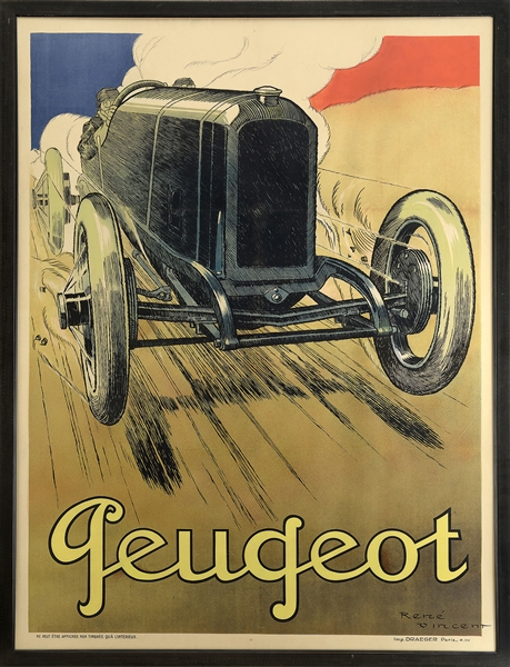 RARE PEUGEOT AUTOMOBILE POSTER, BY RENE VINCENT (FENCH, 1879-1936).                                                                                                                                     