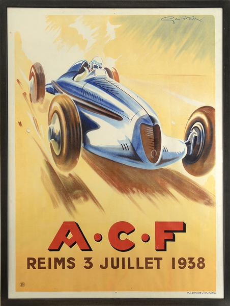 A.C.F. (AUTOMOBILE CLUB DE FRANCE) REIMS JULY 3RD 1938 RACING POSTER, BY GEORGES H. HAM (FRENCH, 1900-1972).                                                                                            