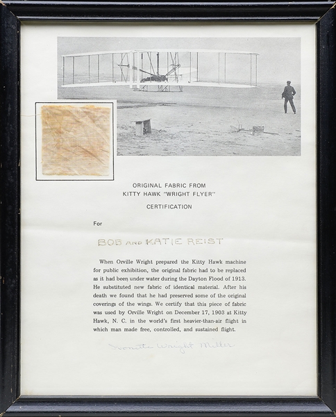 FRAMED FABRIC SWATCH FROM "WRIGHT FLYER" ****WITH PROVENANCE*****                                                                                                                                       