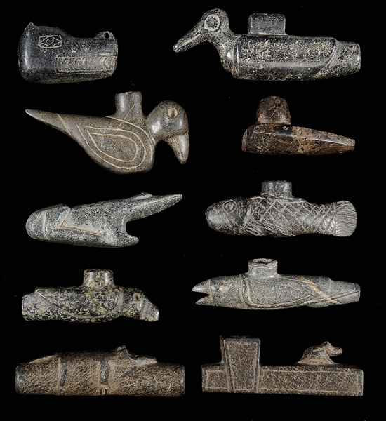 LOT OF TEN CARVED SOAPSTONE PREHISTORIC STYLE EFFIGY PIPES                                                                                                                                              
