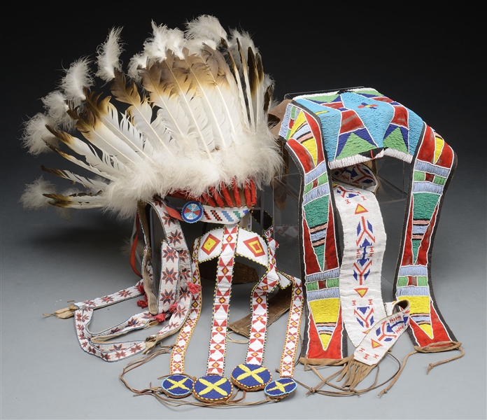 FOUR MARTINGALES & PLAINS STYLE STAND UP HEAD DRESS.                                                                                                                                                    