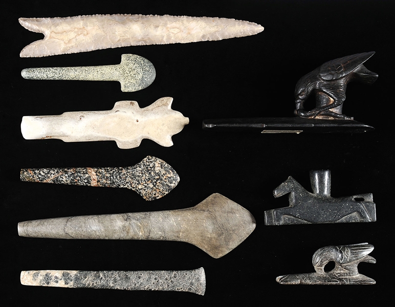 LOT OF FOUR PREHISTORIC STYLE STONE SPEARHEADS TOGETHER WITH LARGE PREHISTORIC STONE EAGLE PIPE                                                                                                         