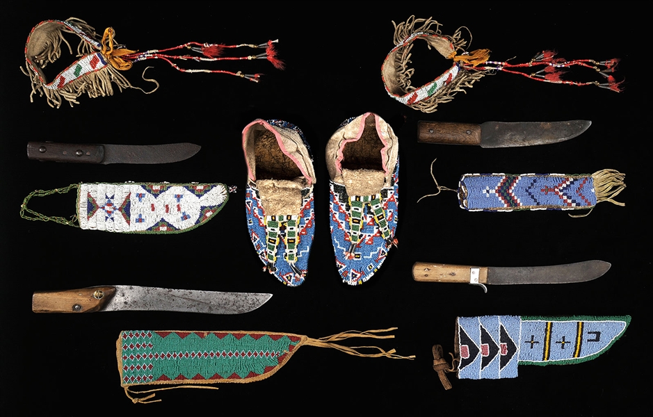 FOUR INDIAN BEADED KNIFE SHEATHS WITH KNIVES, BEADED MOCCASINS & BEADED ARM BANDS.                                                                                                                      