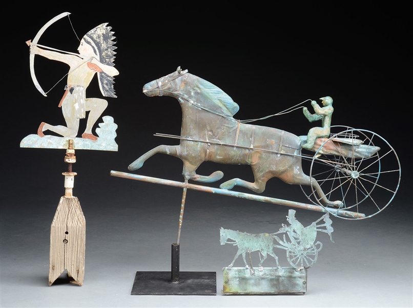 HORSE WITH SULKY RIDER WEATHERVANE, INDIAN WEATHERVANE AND SILHOUETTE HORSE AND RIDER COPPER CUTOUT.                                                                                                    