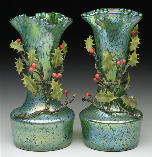 UNUSUAL PAIR OF LUSTER VASES WITH HOLLY METAL MOUNTS.                                                                                                                                                   