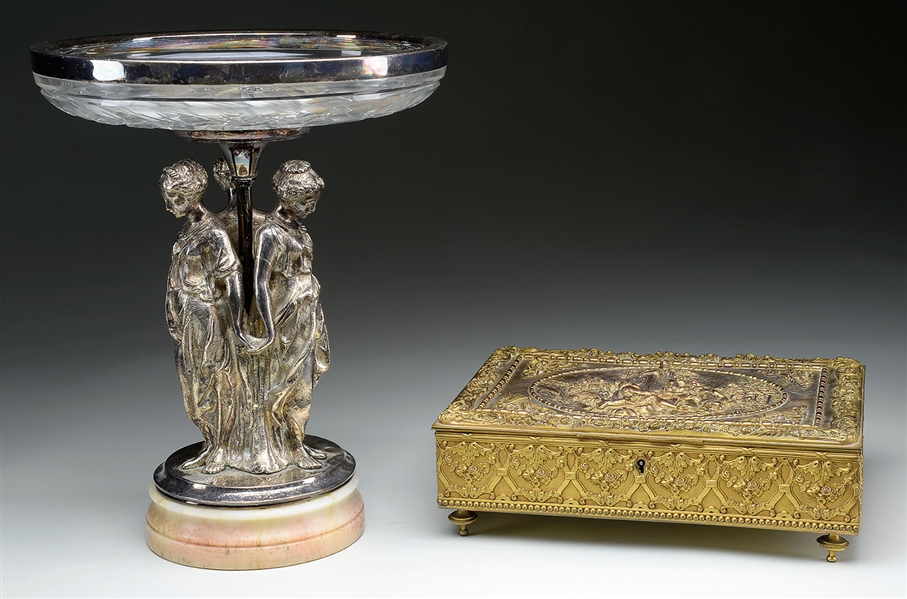 BRASS DECORATED BOX WITH 3 LADY COMPOTE                                                                                                                                                                 