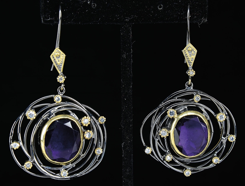 PAIR OF STERLING AND PURPLE STONE AND SIMULATED DIAMOND PIERCED EARRINGS.                                                                                                                               