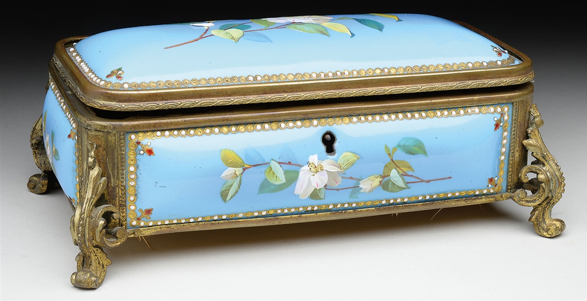DECORATED BLUE JEWELRY BOX WITH OVERLAY MOUNTS.                                                                                                                                                         