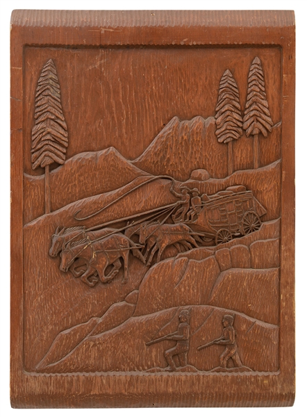 FINE CARVED & PAINTED PINE PLAQUE DEPICTING STAGECOACH & INDIANS.                                                                                                                                       