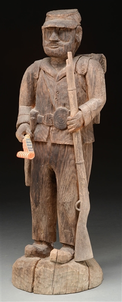 CARVED HALF SIZE CIVIL WAR SOLDIER WITH RIFLE AND BACKPACK.                                                                                                                                             