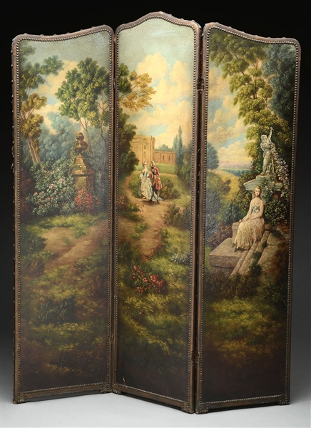 19TH CENTURY HAND PAINTED LEATHER 3-PANEL SCREEN.                                                                                                                                                       