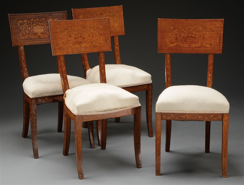 SET OF FOUR MARQUETRY INLAID SABER LEGGED SIDE CHAIRS.                                                                                                                                                  