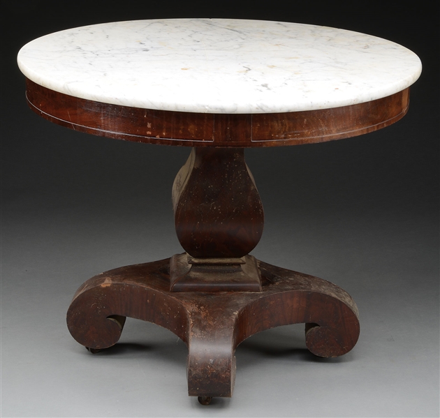 EARLY 19TH CENTURY MARBLE TOP EMPIRE CENTER TABLE.                                                                                                                                                      