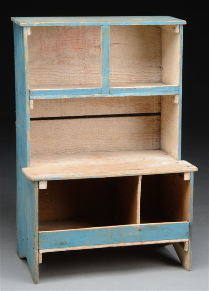 CHILDS PINE STEPBACK CUPBOARD IN BLUE PAINT.                                                                                                                                                          