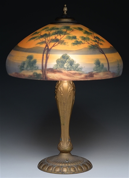 UNSIGNED REVERSE PAINTED LAMP - SUNSET TREES                                                                                                                                                            