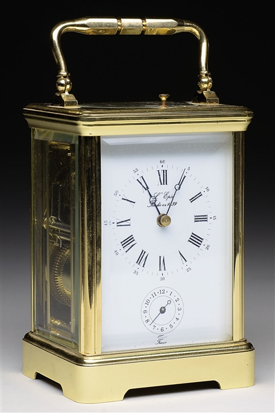 FRENCH BRASS AND GLASS REPEATING CARRIAGE CLOCK BY LEPEE.                                                                                                                                              