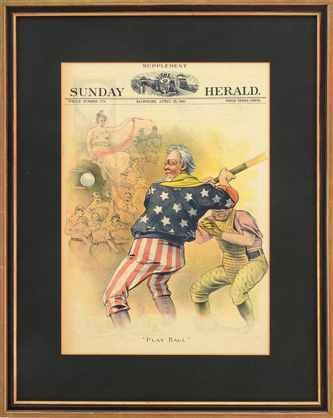 5 FRAMED PATRIOTIC POSTERS INCLUDING RARE 1895 UNCLE SAM PLAYING BASEBALL.                                                                                                                              