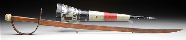 ANTIQUE CHILDS WOOD SWORD AND PATRIOTIC TIN HORN.                                                                                                                                                      