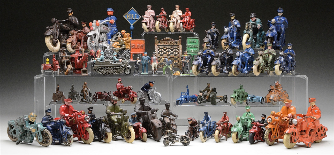 GROUP OF 39 CAST IRON MOTORCYCLES AND OTHER OBJECTS                                                                                                                                                     