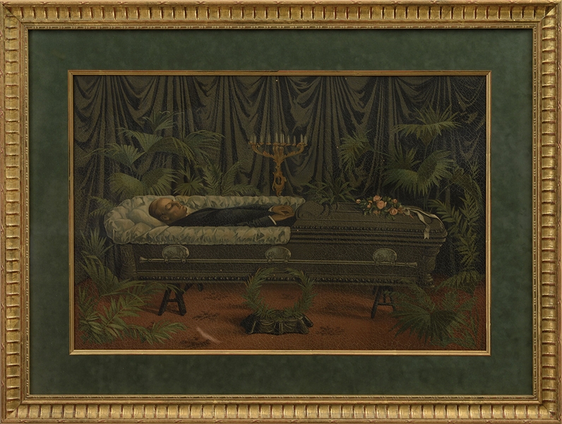 UNUSUAL BALTIMORE SCREEN PAINTING OF A FUNERAL PARLOR BODY IN CASKET.                                                                                                                                   