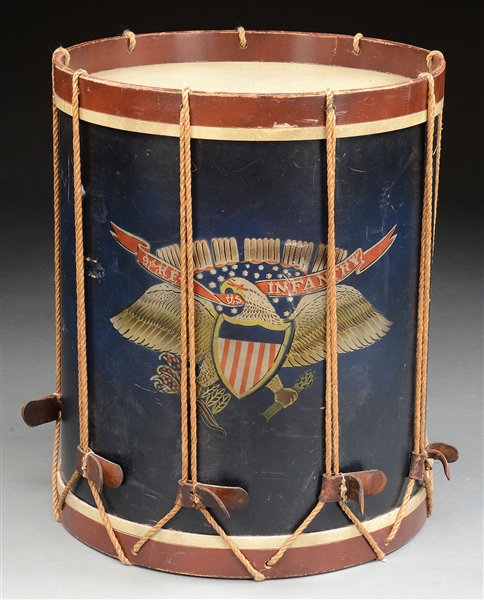 DECORATIVE TABLE IN THE FORM OF A DRUM WITH SPREAD WING FEDERAL EAGLE DECORATION.                                                                                                                       