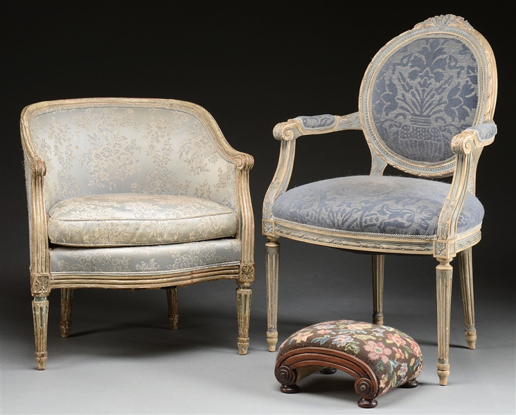 TWO FRENCH LOUIS XVI-STYLE CHAIRS AND STOOL                                                                                                                                                             