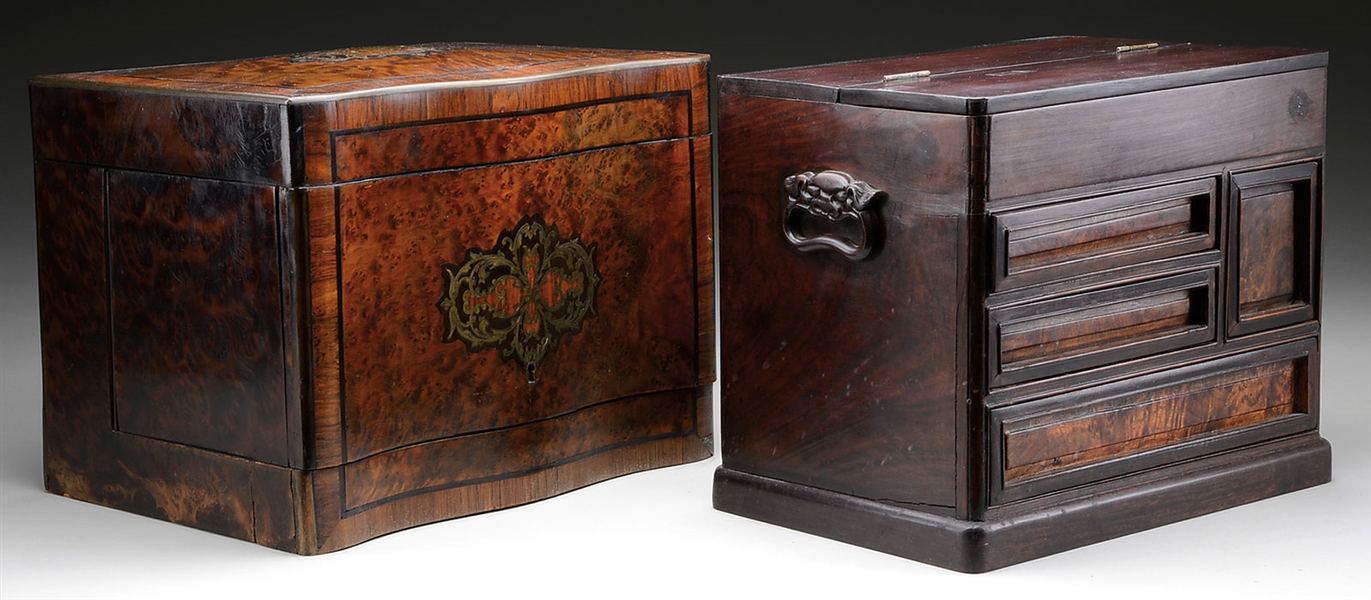 INLAID TANTALUS BOX AND VALUABLES BOX.                                                                                                                                                                  