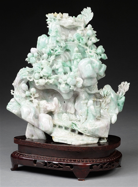 LARGE GREEN AND LAVENDER JADEITE MOUNTAIN SCENE.                                                                                                                                                        