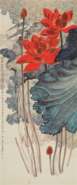 ZHANG DAQIAN (CHINESE, 1899-1983) LARGE RED LOTUS SCROLL PRINT.                                                                                                                                         