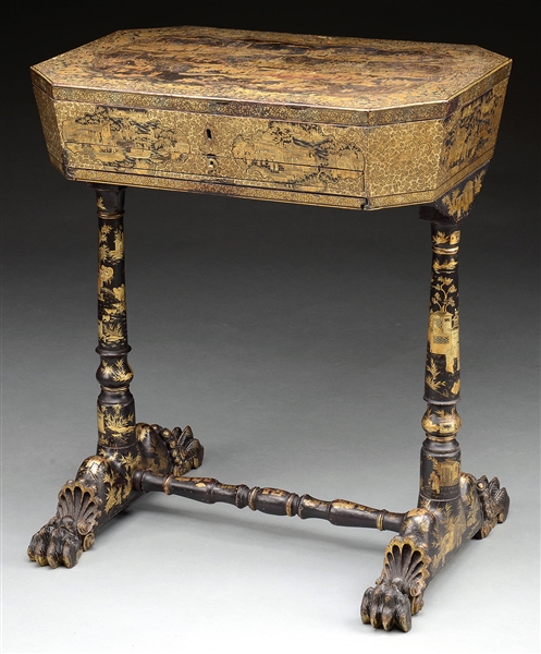 FINELY PAINTED EXPORT GILT BLACK LACQUER SEWING TABLE.                                                                                                                                                  