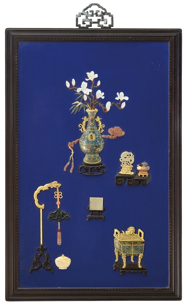 LACQUER PANEL WITH CLOISONNE ENAMEL AND JADE INLAY.                                                                                                                                                     